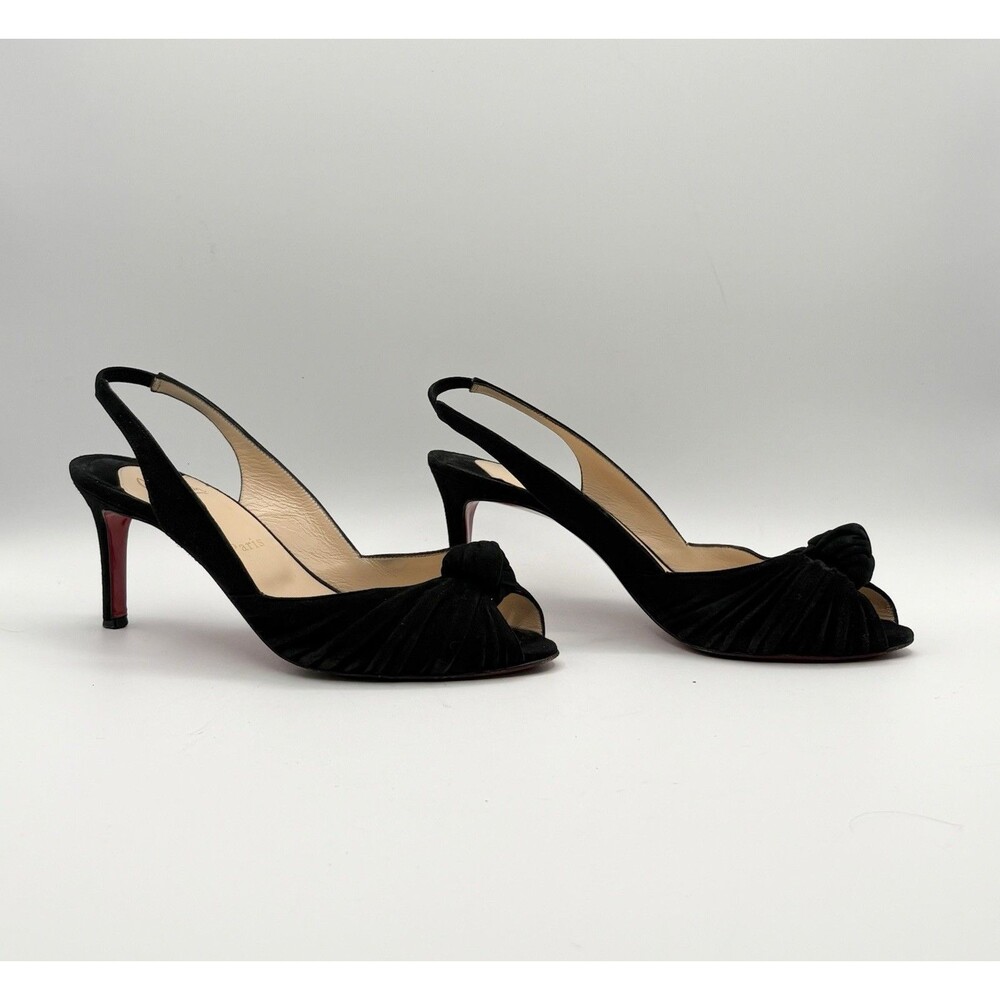 Christian Louboutin Black Suede Slingback Heels Peep Toe Knot Accent Sz EU 38.5 - Picture 4 of 12